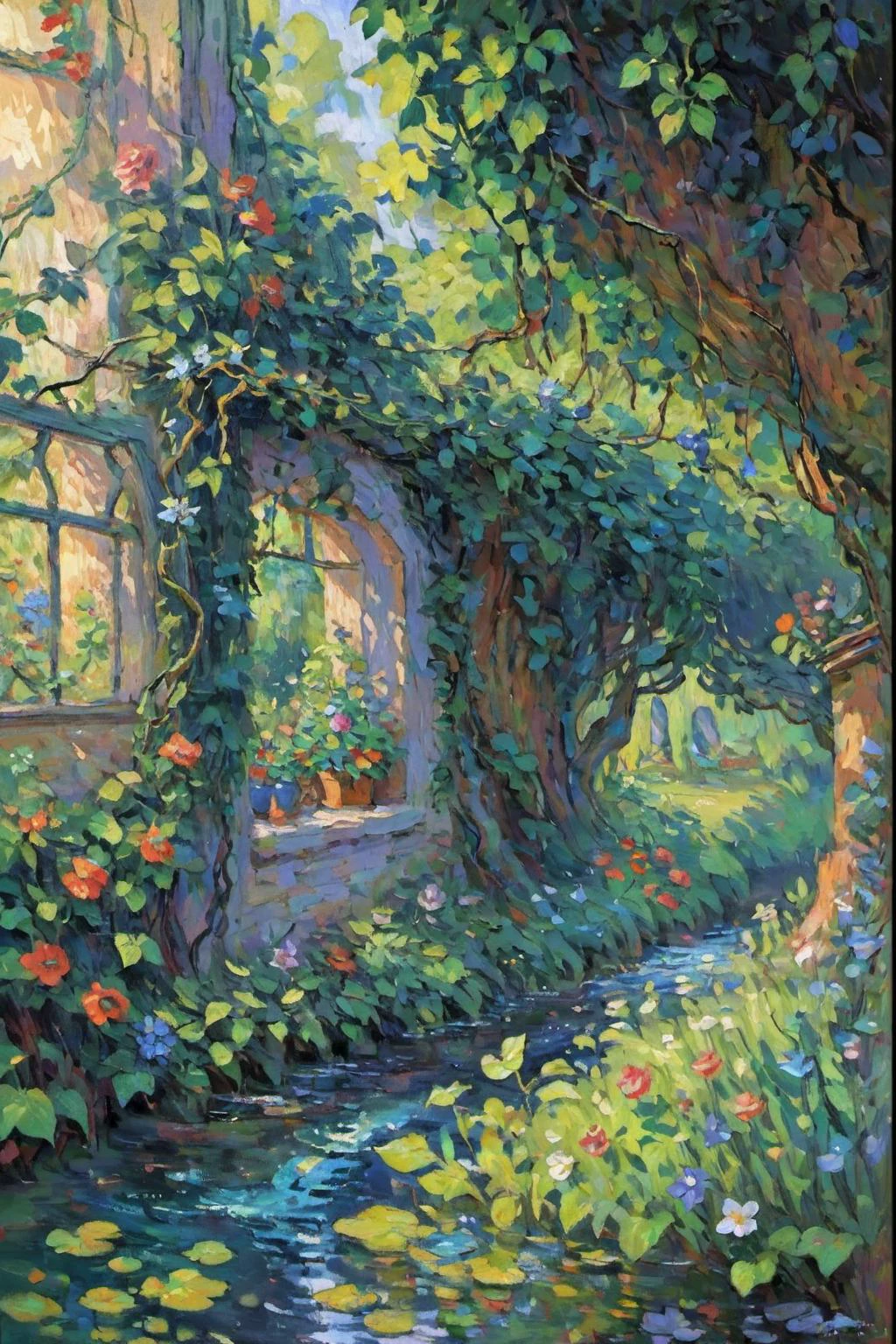 A secret garden behind a vine-covered wall,opening to reveal plants that sing and whisper in the wind,with a babbling brook that tells tales of old adventures to those who listen closely,impressionist painting,