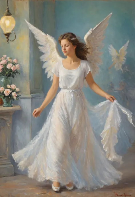 a painting of a woman in a white dress with wings