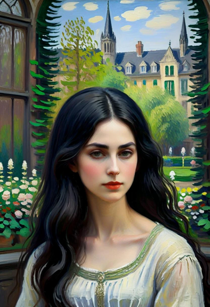 Positiv Clip L
ABSTRACT AND ATMOSPHERIC IMPRESSIONIST PAINTING, closeup of a, (in the style of Claude Monet), woman
Positive Clip G
ABSTRACT AND ATMOSPHERIC IMPRESSIONIST PAINTING, closeup of a, (in the style of Claude Monet), enchantingly beautiful woman with long black hair and green-grey eyes, Create a stunning piece of Gothic Revival art showcasing the interior of a gothic-inspired library, with towering bookshelves, dimly lit reading nooks, and a sense of gothic knowledge and quiet contemplation., in the background
---------