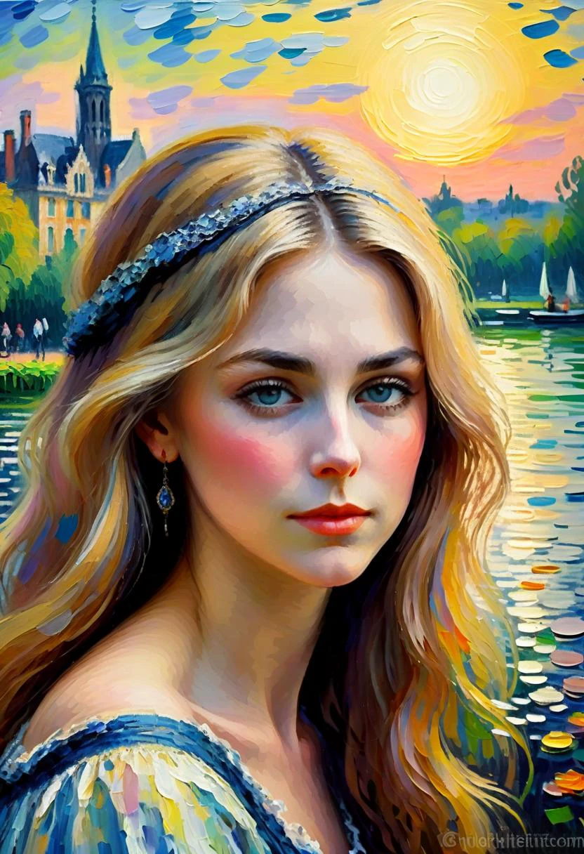 Positiv Clip L
impressionist painting, closeup of a, (in the style of Claude Monet), woman
Positive Clip G
impressionist painting, closeup of a, (in the style of Claude Monet), charming beautiful woman with long blonde hair and blue eyes, Create a piece of Gothic Revival art showcasing a gothic-inspired chapel with stained glass windows, flickering candles, and an atmosphere of spiritual reverence, evoking a sense of gothic faith and serenity., in the background
---------