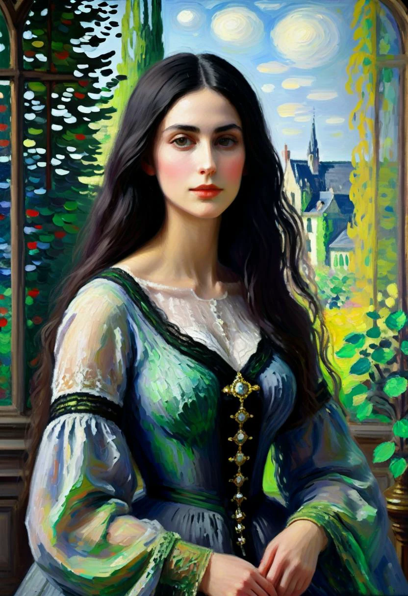 Positiv Clip L
ABSTRACT AND ATMOSPHERIC IMPRESSIONIST PAINTING, closeup of a, (in the style of Claude Monet), woman
Positive Clip G
ABSTRACT AND ATMOSPHERIC IMPRESSIONIST PAINTING, closeup of a, (in the style of Claude Monet), enchantingly beautiful woman with long black hair and green-grey eyes, Create a piece of Gothic Revival art showcasing the ornate interior of a gothic-inspired building, with intricate stained glass windows, vaulted ceilings, and dramatic lighting that highlights the architectural details, evoking a sense of gothic opulence and spirituality., in the background
---------