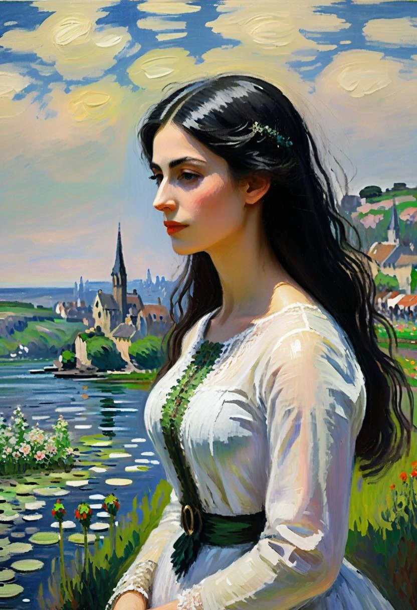 Positiv Clip L
ABSTRACT AND ATMOSPHERIC IMPRESSIONIST PAINTING, closeup of a, (in the style of Claude Monet), woman
Positive Clip G
ABSTRACT AND ATMOSPHERIC IMPRESSIONIST PAINTING, closeup of a, (in the style of Claude Monet), enchantingly beautiful woman with long black hair and green-grey eyes, Create a piece of Gothic Revival art featuring a towering, gothic-inspired lighthouse standing sentinel against the stormy sea, with crashing waves, rugged cliffs, and a sense of gothic maritime drama and heroism., in the background
---------