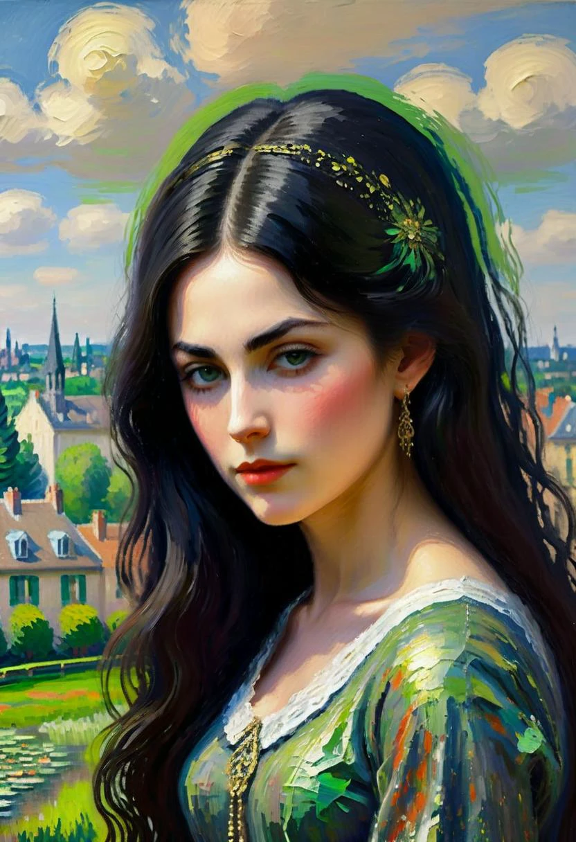 Positiv Clip L
ABSTRACT AND ATMOSPHERIC IMPRESSIONIST PAINTING, closeup of a, (in the style of Claude Monet), woman
Positive Clip G
ABSTRACT AND ATMOSPHERIC IMPRESSIONIST PAINTING, closeup of a, (in the style of Claude Monet), enchantingly beautiful woman with long black hair and green-grey eyes, Create a stunning piece of Gothic Revival art featuring a majestic gothic clock tower with intricate clock faces, towering above a cityscape, with dramatic skies and a sense of gothic timekeeping and urban grandeur., in the background
---------