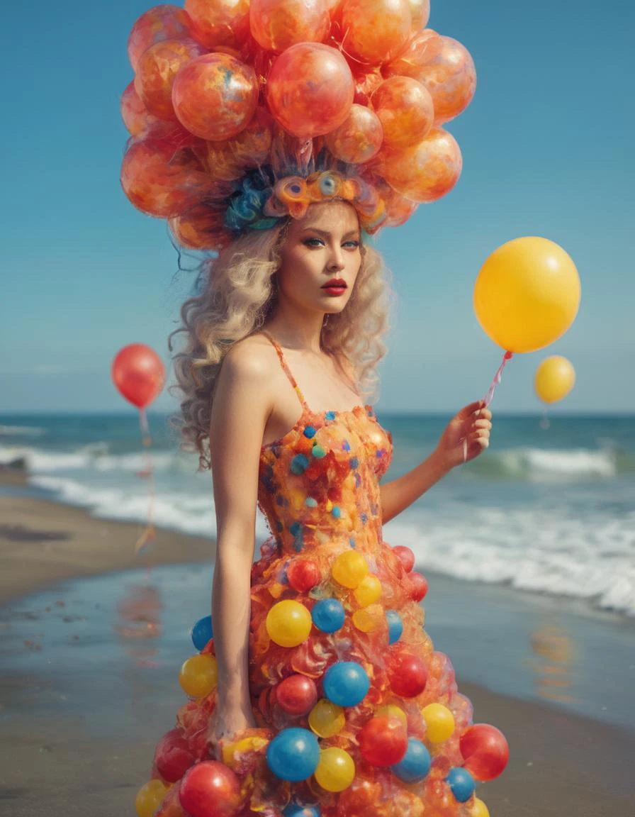 Una foto caprichosa de una modelo atrevida con un escandaloso atuendo inspirado en una medusa.. el traje, hecho de plástico de burbujas de colores y globos, tiene una vibrante mezcla de rojos, blues, y amarillos. El tocado de la modelo se asemeja a un gorro de medusa con una gran cola de globo que fluye detrás de ella.. El fondo revela un brillo, Día soleado en la playa, con olas rompiendo suavemente y gaviotas volando sobre nuestras cabezas. El ambiente general es lúdico y alegre., con un toque de creatividad peculiar pintura impresionista, PINTURA IMPRESIONISTA ABSTRACTA Y ATMOSFÉRICA, Puntillista