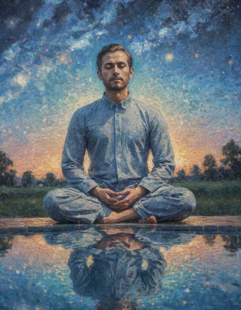 A transparent man, meditating on top of a pool of water. We see his reflection in the water with ripples. The milky way at night...