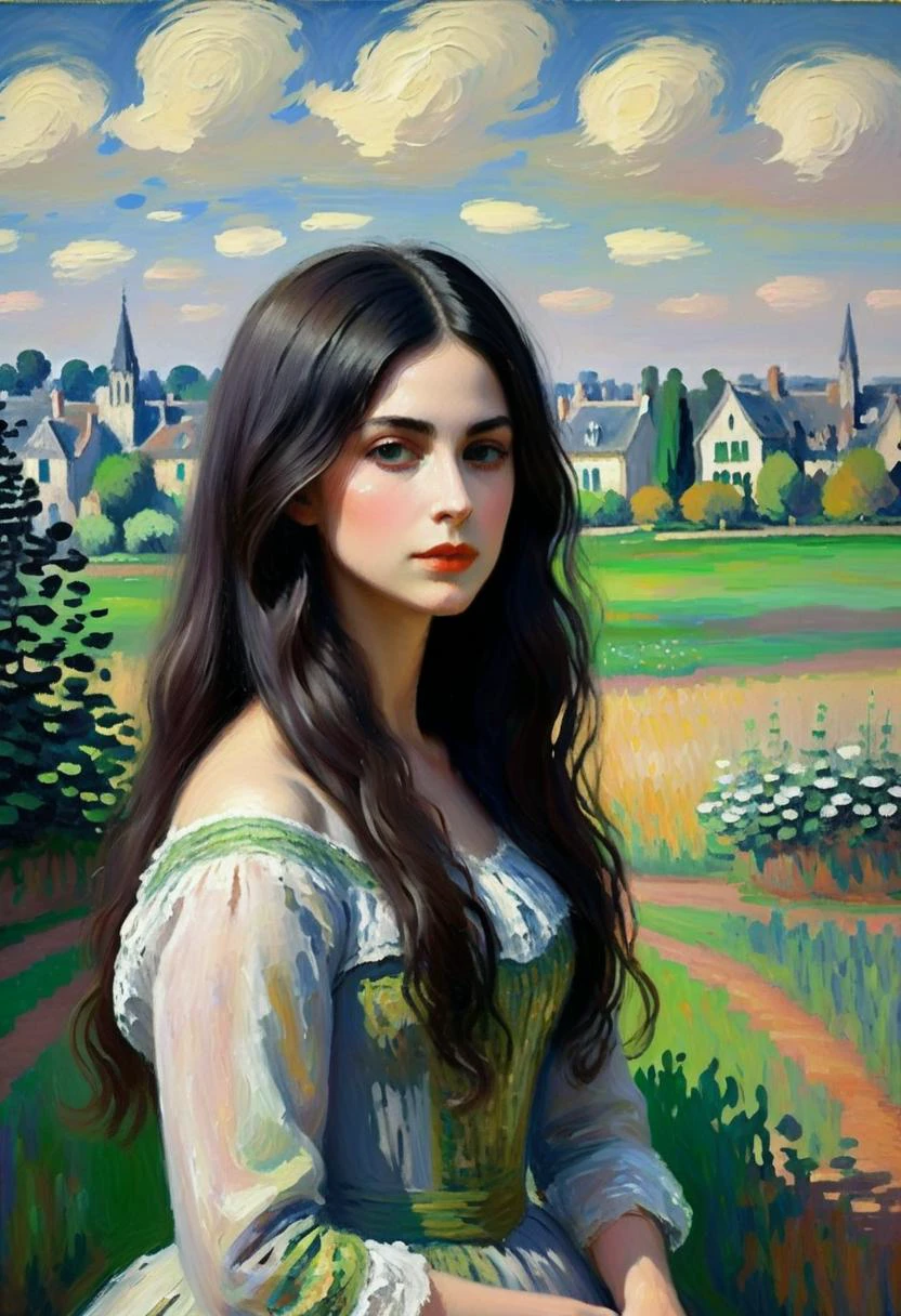 Positiv Clip L
ABSTRACT AND ATMOSPHERIC IMPRESSIONIST PAINTING, closeup of a, (in the style of Claude Monet), woman
Positive Clip G
ABSTRACT AND ATMOSPHERIC IMPRESSIONIST PAINTING, closeup of a, (in the style of Claude Monet), enchantingly beautiful woman with long black hair and green-grey eyes, Craft a piece of Gothic Revival art showcasing a gothic-inspired village with cobblestone streets, crooked cottages, and ominous shadows, creating a sense of gothic village life and mystery., in the background
---------
