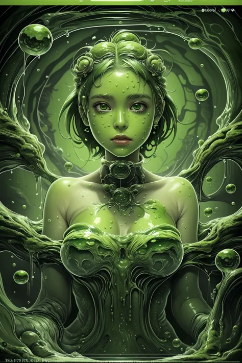 1girl,  <lora:algae:0.8> green theme, green algae bubbles,  green lava