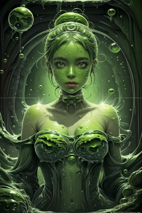 1girl,  <lora:algae:0.8> green theme, green algae bubbles,  green lava