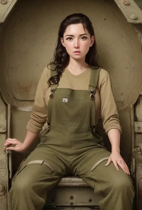 hyper real photo of ((woman wearing military overalls)), (sitting on a post-apocalyptic cockpit), (from_front:1.4), ((detailed f...