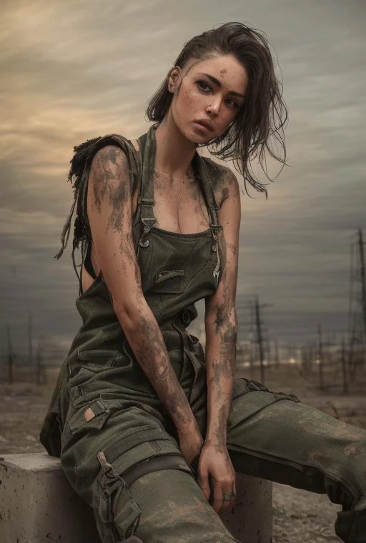 (from_below:1.2), (modelshoot style), (detailed face), ((woman mechanic wearing tattered worn-out stained military overalls)), nipples covered by overalls, (sitting in tight cramped greasy cockpit of a post-apocalyptic hydraulic exoskeleton), sunset, grunge, oily, sweaty, dirty, ripped