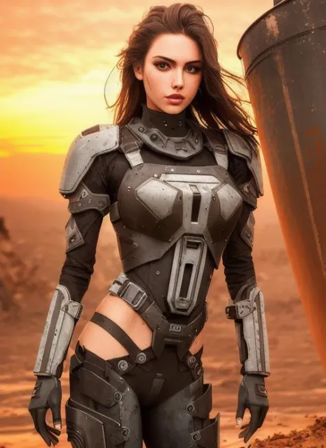 (modelshoot style), ((detailed face)), sexy woman (inside cramped rusty hydraulic mechanical exoskeleton), arm blade, sunset, gr...