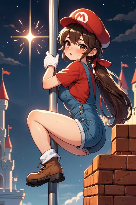 a woman in a red shirt and blue overalls leaning on a pole