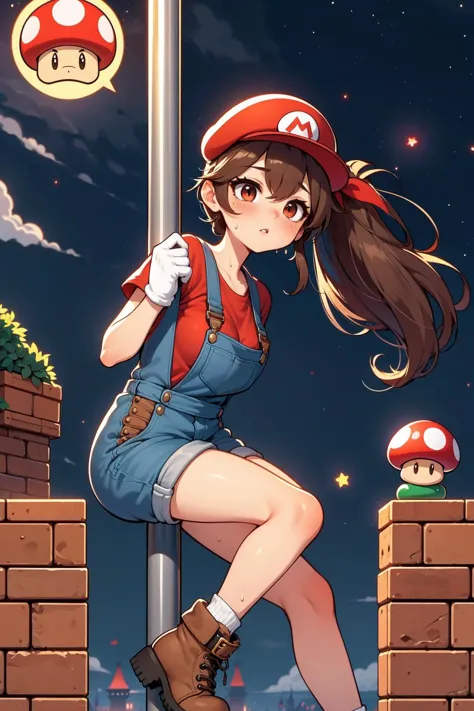 a woman in a red shirt and blue overalls is sitting on a pole