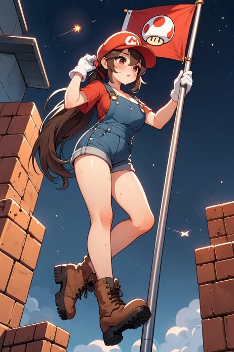 a woman in a red hat and overalls holding a flag