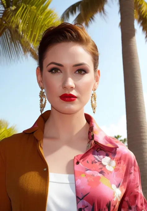 solo,smile,mature,full body,earrings, eyelashes, white skin,
(beach,(palm tree),crowd,(swimsuit), floral print,red lips),
(shiny...