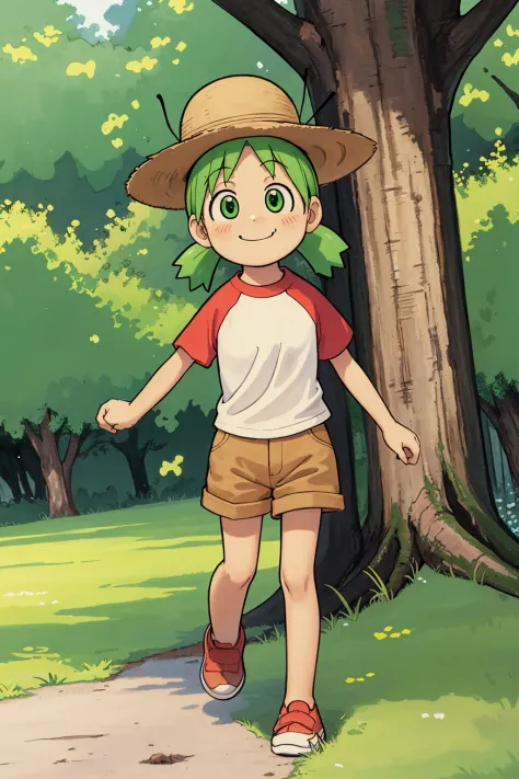 masterpiece, best quality, 1girl, yotsuba, green eyes, green hair,  (hat), quad tails, raglan sleeves, shorts, outdoors, closed mouth, , trees, grass, chasing insects, smile, solo, forest background, (traditional media) <lora:YotsubaKoiwai:1>