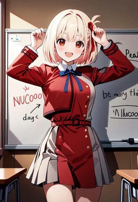 1girl, nishikigi chisato,  lycoris uniform, red  uniform,
solo,
(english text,NuCoooo),
indoors,class room,Whiteboard, pow pose,...