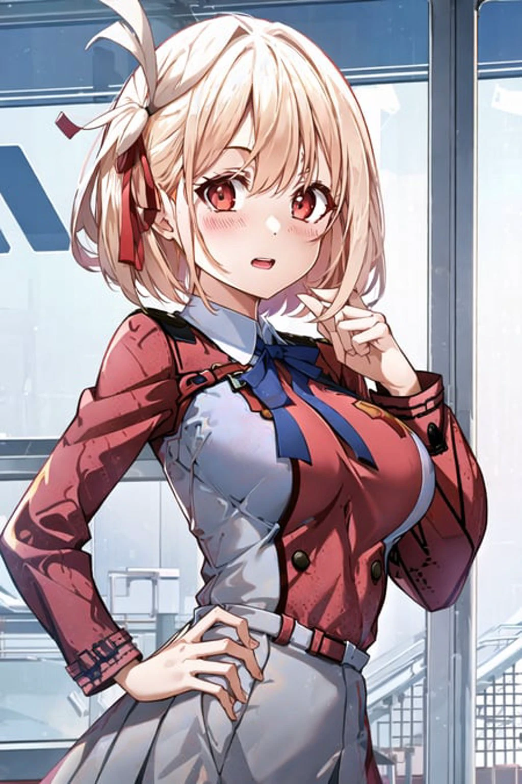 1girl,  Chisato, uniform, (masterpiece:1.0), (best quality:1.0), (8k wallpaper:1.0), extremely delicate and beautiful, (beautiful detailed face:1.0), (detailed deep eyes),  symmetrical breasts, deep eyes,