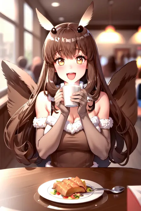 Highly detailed, High Quality, Masterpiece, beautiful, moth-chan, fur trim, brown dress, brown thighhighs, elbow gloves, wings, ...