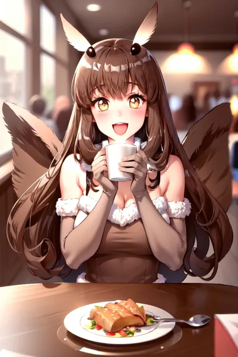 anime girl with a plate of food and a cup of coffee