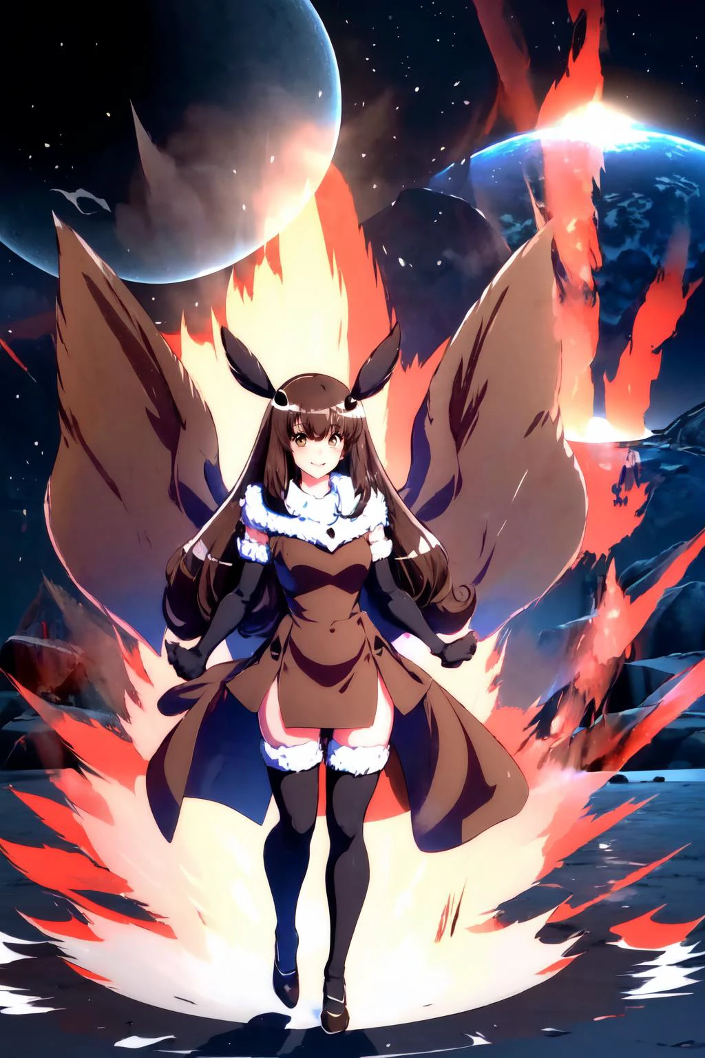 Highly detailed, High Quality, Masterpiece, beautiful, moth-chan, fur trim, brown dress, brown thighhighs, elbow gloves, wings, Ki Charge, aura, 