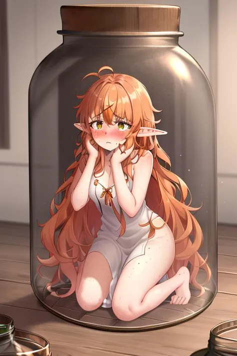 masterpiece, best quality, 1girl, full body, kneeling, begging, scared, sad, (medium breasts:0.9524), freckles, orange hair, elf, wavy hair, very (messy hair:1.2155), absurdly long hair, glass (jar:1.5), shrunken 