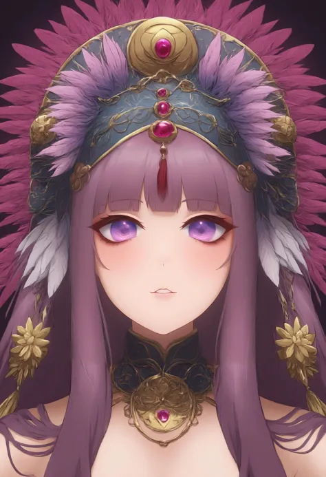 A mesmerizing digital portrait of a charismatic woman with piercing violet eyes, adorned in an ornate headdress, surrounded by vibrant blossoms and delicate feathers, face focus