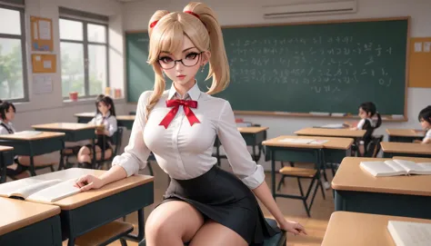 <lora:LeagueofLegSDXL:0.5>, LoL Style, raw photo, <sideview|backview>, blonde teacher with cute makeup, age 35, eyecontact, face...