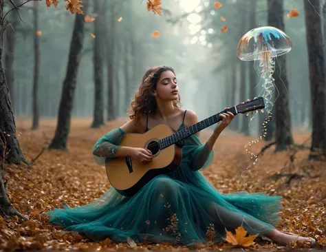 arafed woman in a blue dress playing a guitar in a forest