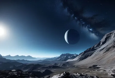 a view of the moon and a planet from a mountain top