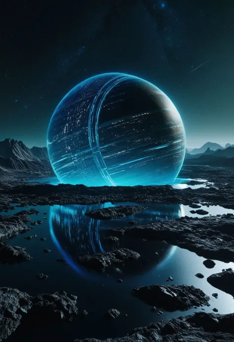 a blue planet with a reflection in the water