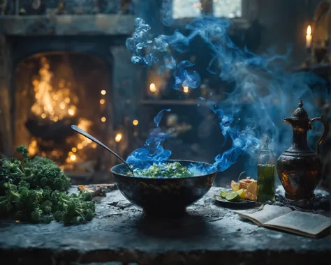 there is a bowl of food on a table with a book and a candle