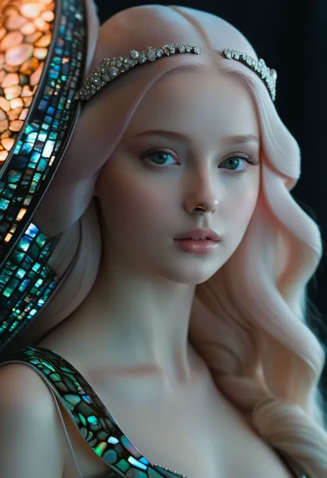 a close up of a doll with a headband and a dress