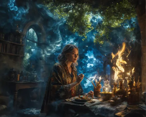 a woman sitting at a table with candles in front of a fire