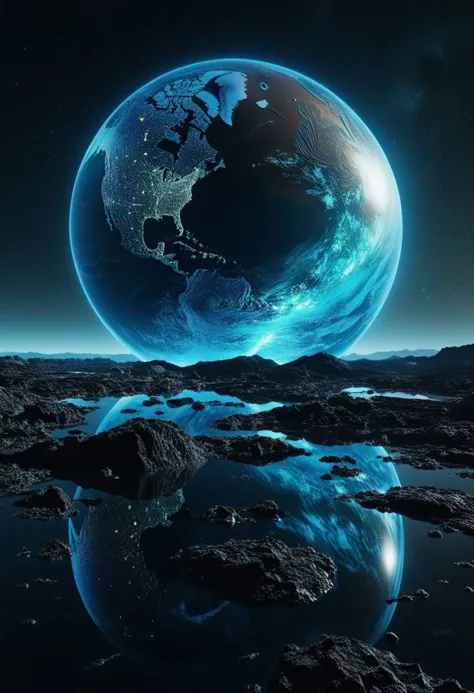 a view of the earth from space with a reflection in the water