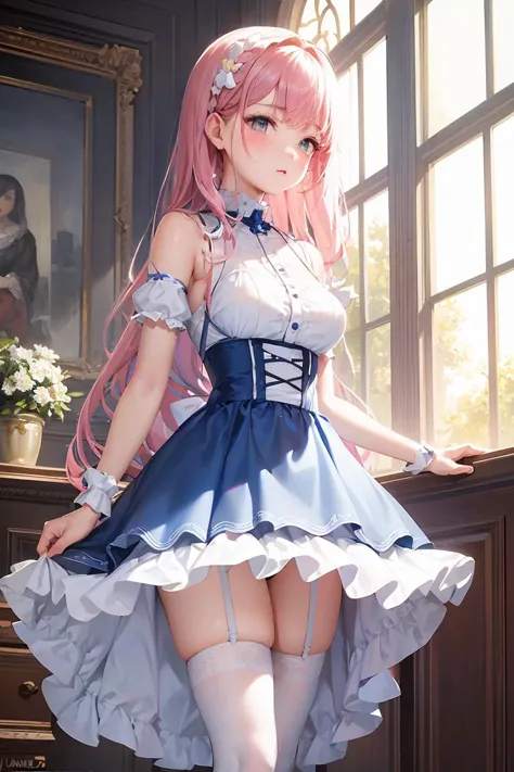 (masterpiece, best quality), 1girl, blue and white frill dress, (white stockings), pink hair, cute face, standing, indoor, intricate detail, sunlight,