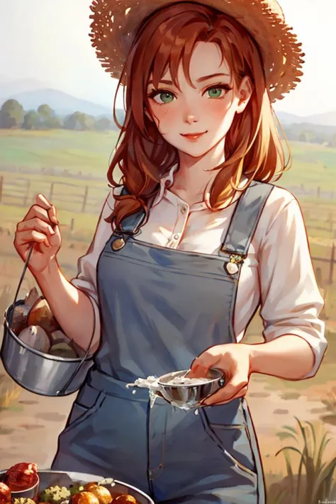 <lora:MixDLCForFishMix23314_23314:1>, oil paiting, (beautiful girl, ginger_hair, straw_hat, gray_overalls, white_shirt, teasing_smile, green_eyes), (carrying a bucket of water, farm background, sunny day), (intricate, highly detailed, professional, soft light, trending of artstation, realistic, beautiful, HD, 8K), by Anna Razumovskaya and Artgerm Lau and Bella Kotak