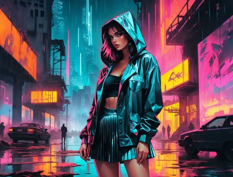 (a girl with a beautiful face), nighttime, cyberpunk city, dark, raining, neon lights ((,Wearing a blazer over a hoodie)), blaze...