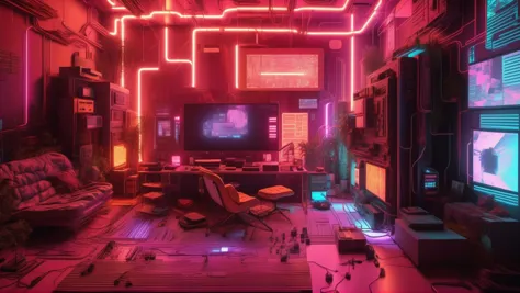 Salon de hacker yberpunk couvert d&#39;écrans et de câbles, avec un bureau au fond, photo d&#39;une page Isométrique en coupe avec un arrière-plan de style, (éclairage volumétrique, Tracé laser, Fond d&#39;écran 8k, Cinématique, ultra détaillé,lancer de rayons, photographie hyper réaliste:2)