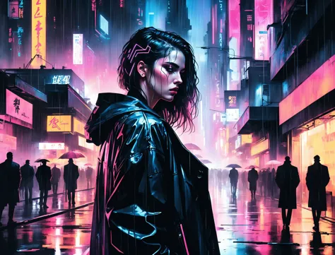 (Julia Rose), nighttime, cyberpunk city, dark, raining, neon lights , (<lora:cybergraphic_sdxl:0.5>,<lora:Cyber_Background_sdxl:...