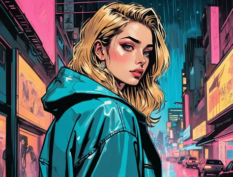 (a girl with a beautiful face), nighttime, cyberpunk city, dark, raining, neon lights ((,Wearing a blazer over a hoodie)), blazer, hoodie, (<lora:Cyber_Background_sdxl:0.5>), cyberpunk, synthwave, 1980s, futurism, brutalism, neuromancer, cinematic photo in a gold mine, Pastels, Chiaroscuro,((art by El Greco)),((pinkfong baby shark)),detailed hair, fashion mullet, dirty blonde hair,art by Adrian Tomine