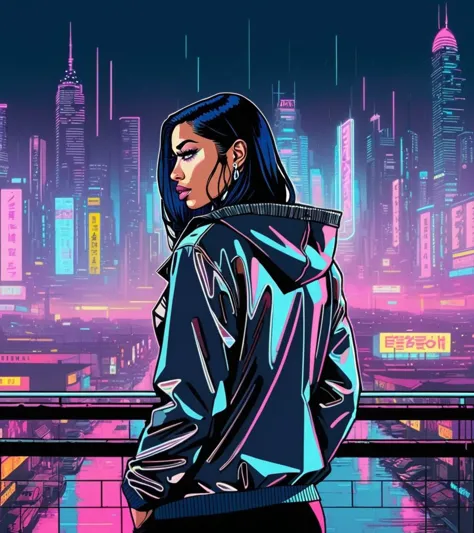 (Nicki Minaj,a girl with a beautiful face), nighttime, cyberpunk city, dark, raining, neon lights, ((Wearing a blazer over a hoo...
