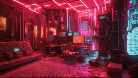 yberpunk hacker living room covered in screens and cables, with a desk in the far back shot from a  <lora:Isometric Cutaway:0.8>...