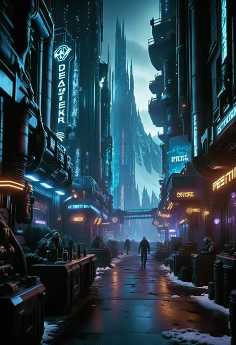 кинематографическое фото Cyberpunk Environments, арт Джона Блэнча, фотография, горы, пейзаж (киберпанк-среда:1.3) и поверхность чужой планеты, снежно, фэнтези-арт, готическая эстетика, детальная работа с линиями, Мрачно и атмосферно, частная пресса, боке, Кодак УльтраМакс 400, Ф/2.8, научная фантастика, бег по теням, 35mm фотография, фильм, боке, профессиональный, 4K, очень подробный, 