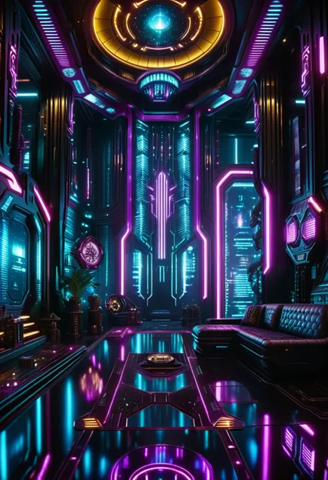 fotografía cinematográfica Entornos Cyberpunk, interiores, Arte de Richard M. potestades, fotografía, ("El diseño interior cyberpunk de Greed":1.1) , detalles intrincados, estrellas en el cielo, arte de ciencia ficción, surreal, atmosférico, futuristic interior design, 35mm fotografía, película, bokeh, Profesional, 4k, muy detallado, 