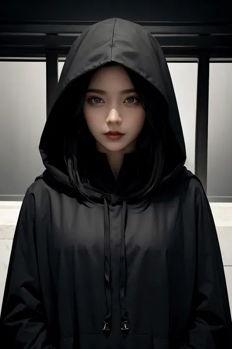 (masterpiece), best quality, expressive eyes, perfect face, ((female)), token, upper body, shaded eyes, black hooded cultist, bl...
