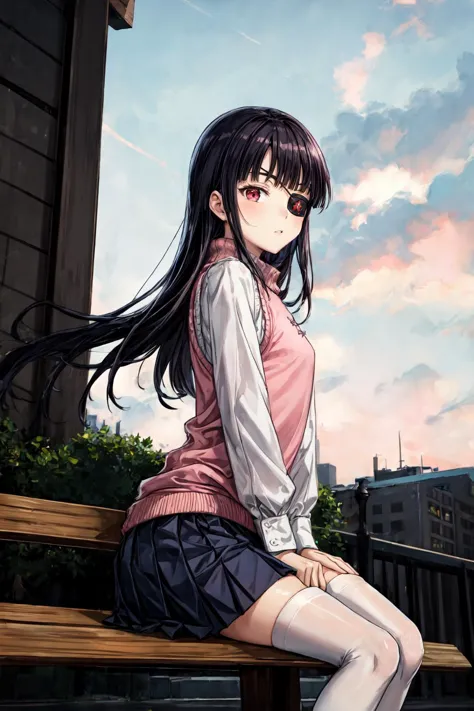 anime girl sitting on a bench in front of a building