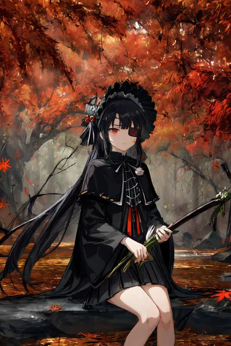 a woman in a black dress holding a sword in a forest