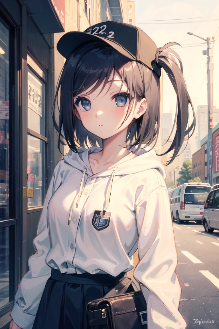 1girl, 24 years old, straight-on, upper body, looking at viewer, black hair, short hair, side ponytail,  expressionless, medium breasts, badge, bangs, blue baseball cap, detailed eyes, clothes writing, white clothes, hood, hood down, standing, long sleeves, closed mouth, (blue skirt:1.05), solo, (light blush:0.9), bare tree, building, city, cityscape, day, outdoors,  street, tokyo \(city\), tree