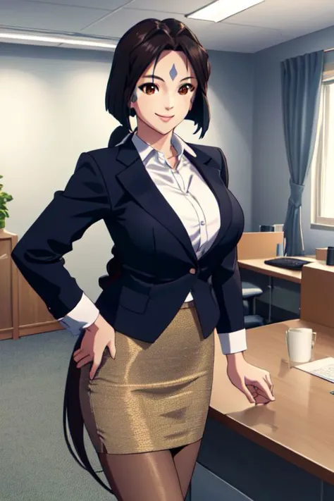 peorth, (bob cut with low ponytail), brown eyes, smile, large breasts, office lady, blazer, shirt, pencil skirt, pantyhose, offi...